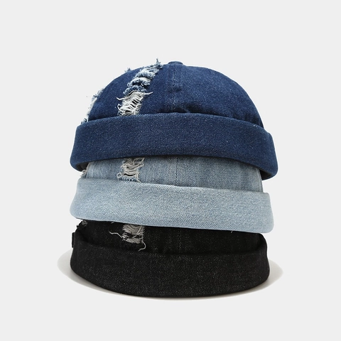 Heren Distressed Denim Docker Hat Gescheurde Randloze Pet Verstelbaar Hip Hop Streetwear Katoen Retro Zeeman Miki Hat