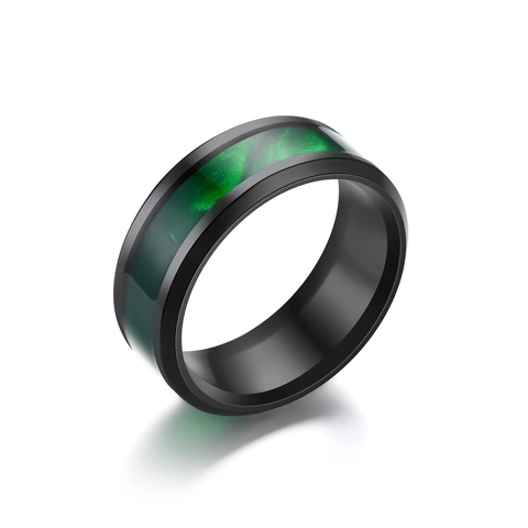 Fashion Men Titanium Steel Ring Black Electroplated Stainless Steel Band With Blue Green Shell Inlay For Daily Wear Jewelry Gift