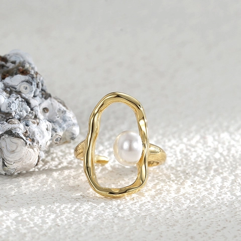 Bague Réglable Style Français en Cuivre Plaqué Or Avec Perle Artificielle Design Géométrique Ovale Bijoux de Mode pour Femmes