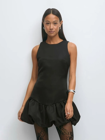 Women Black Sleeveless Round Neck Mini Dress Satin Finish Polyester Bubble Hem Sexy Summer Back Zipper