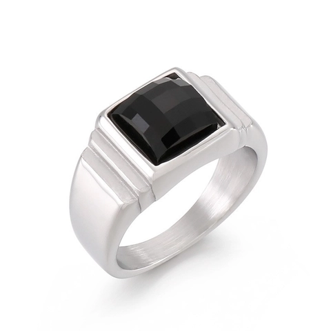 Vintage Herren Quadratisch Schwarz Edelstein Ring 316L Edelstahl Geometrisch Horizontal Rille Schmuck Zubehör