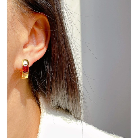 Vintage Brass Oval Zirconia Hoop Earrings For Women Gold Plated Emerald Ruby Color Small U-Shaped Elegant Jewelry Accessories