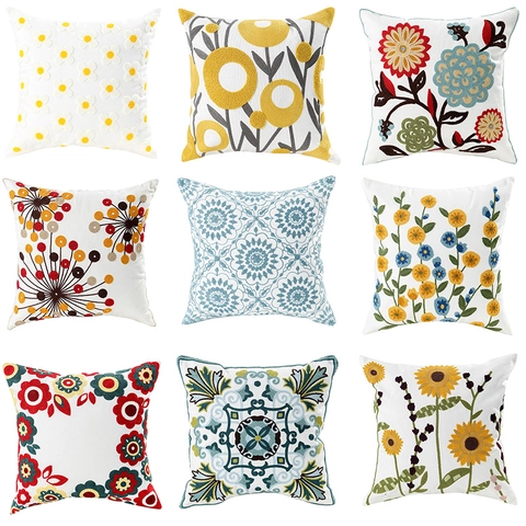 Floral Embroidery Pillow Covers Canvas Chenille Towel Embroidered Decorative Cushion Cases Pastoral Style Sofa Home Decor