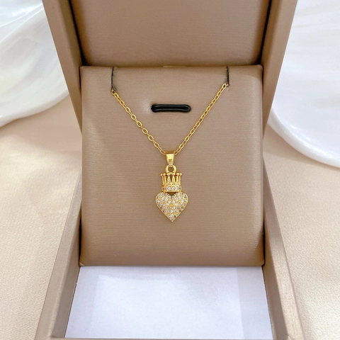 Heart Crown Pendant Necklace Sparkly Rhinestone Titanium Steel Chain Copper Metal Elegant Jewelry For Women Girls