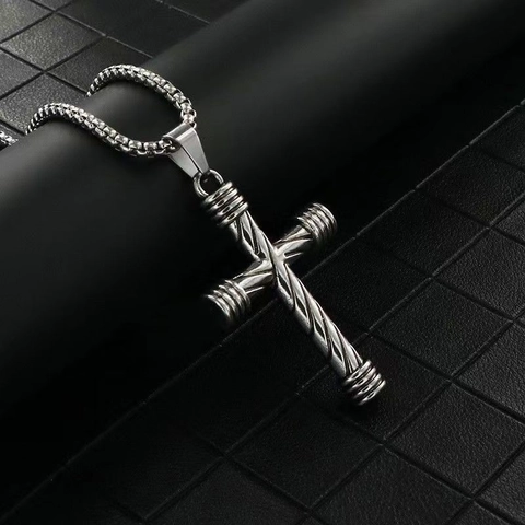 Stainless Steel Box Chain Necklace With Alloy Textured Cross Pendant Hip Hop Street Style Jewelry For Men And Women