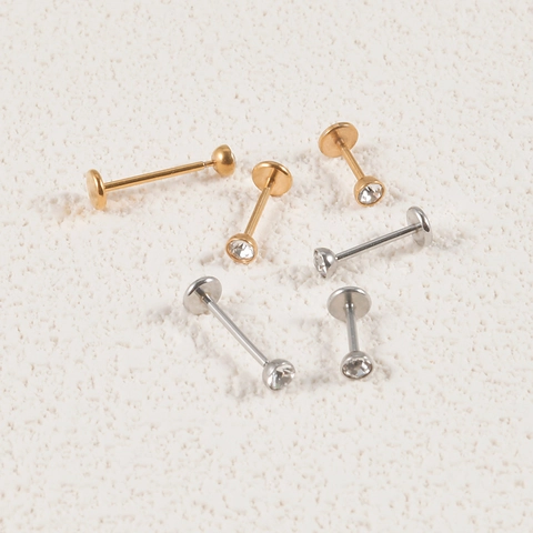 Stainless Steel Zircon Round Ball Push In Labret Lip Studs Flat Back Tragus Cartilage Ear Piercing For Women Men