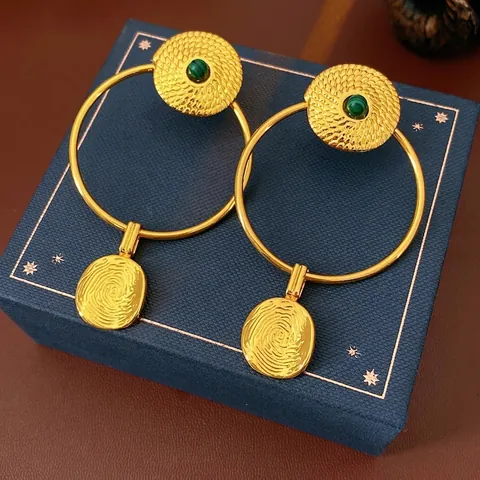 Orecchini Pendenti Tondi In Malachite Rame Con Perno In Argento Geometrico Texturizzato Bohemien Per Donne