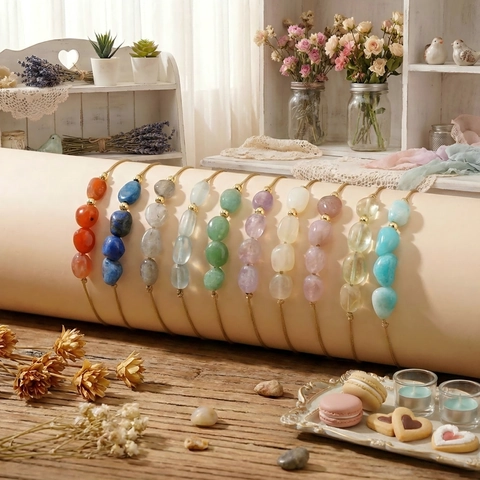 Handgefertigtes Naturstein Wunscharmband Verstellbare Kordel Unregelmäßige Heilstein Perlen Boho Schmuck Damen Herren Geschenk