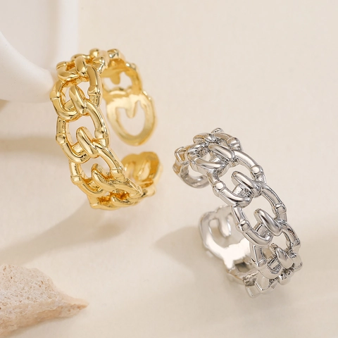 Minimalist Adjustable Open Ring Copper Real Gold Plated Hollow Geometric Chain Texture Fashion Jewelry For Women