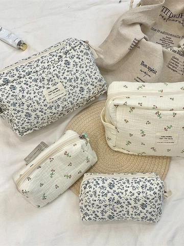 Borsa Da Trucco Floreale In Cotone Trapuntato Grande Capacità Beauty Case Da Viaggio Portatile Per Donne Ragazze