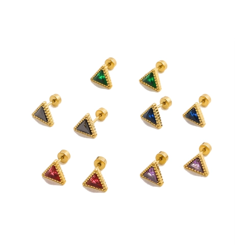 Geometric Stainless Steel Triangle Stud Earrings Gold Micro Pave Rhinestone Colorful Gemstone Minimalist Earrings For Women
