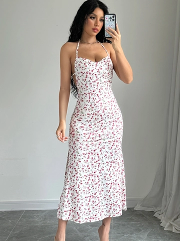 Robe Midi Fleurie Licou Polyester Spandex Dos Nu Sans Manches Fente Latérale Mince Sexy Douce Femmes Été Plage