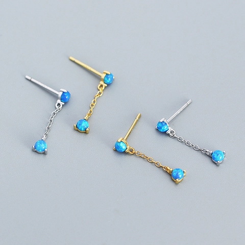 Orecchini Pendenti Con Opale Blu E Perno In Argento Sterling 925 Catena Geometrica Gioielli Eleganti Donna