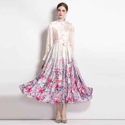 Elegantes Satin Maxi Kleid Mit Blumendruck Retro Stehkragen Lange Laternenärmel Bindegürtel Vorne Geknöpft Damen Mode