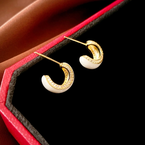 C-Shaped Stud Earrings White Enamel Zircon Gold Plated French Vintage Style For Women With Silver Earring Post