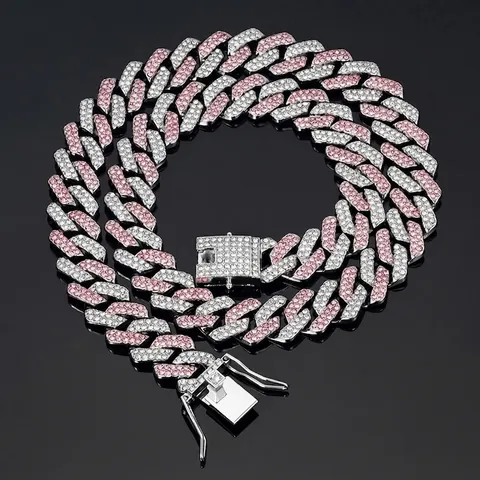 Hip-Hop Iced Out Panzerkette Halskette Zinklegierung Rhombus Rosa Blau Weiß Strass Kette Für Herren Damen Schmuck