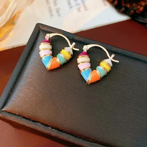 Pendientes De Aro De Corazón Vintage Con Rayas De Esmalte Colorido Joyas De Aleación Chapada En Oro Para Mujeres Poste De Plata
