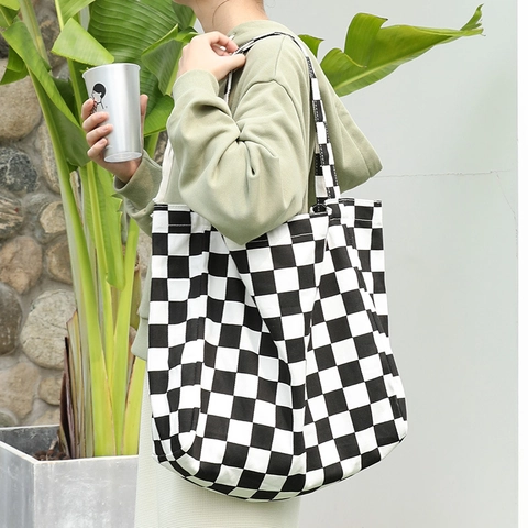 Checkerboard Canvas Tote Bag Large Capacity Casual Shoulder Handbag For Women Stylish Contrast Color Shopper Bag