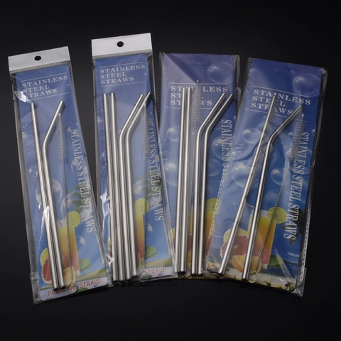 Reusable Drinking Straws Stainless Steel Straight And Bent With Cleaning Brush Durable Eco Friendly For Juice Coffee Milk Tea