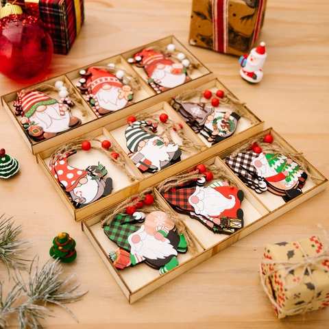 Christmas Wooden Hanging Pendants Cartoon Gnome Santa Claus Ornaments With Jute Rope And Box For Holiday Home Tree Decor