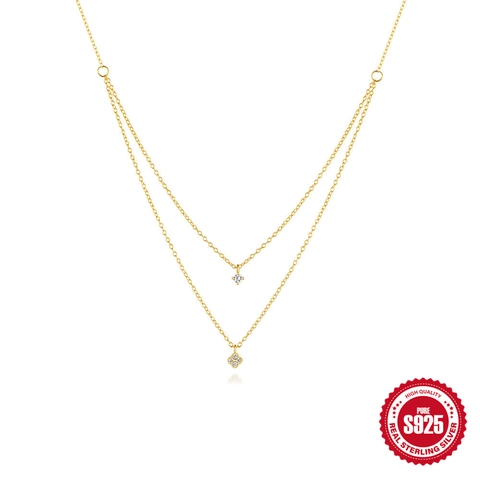 S925 Sterling Silver Double Layer Lucky Four Leaf Clover Pendant Necklace Gold Plated Zirconia Inlaid Chain For Women Fashion Jewelry