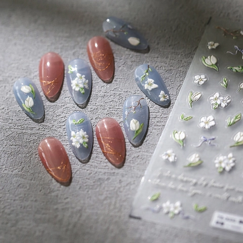 Adesivi Per Unghie 5D In Rilievo Fiore Di Tulipano Bianco Foglia Verde Fiocco Design Autoadesivo PET Decorazione Manicure