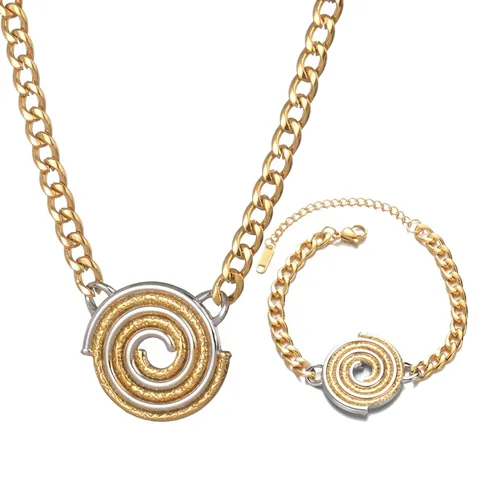 Stainless Steel 18K Gold Plated Rhinestone Necklace Bracelet Set Spiral Disk Pendant Curb Chain For Women Jewelry