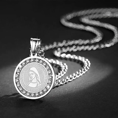 Hanger Ketting Maagd Maria Rond Medaillon Roestvrij Staal Zirkoon Hip Hop Religieuze Sieraden Voor Heren Dames