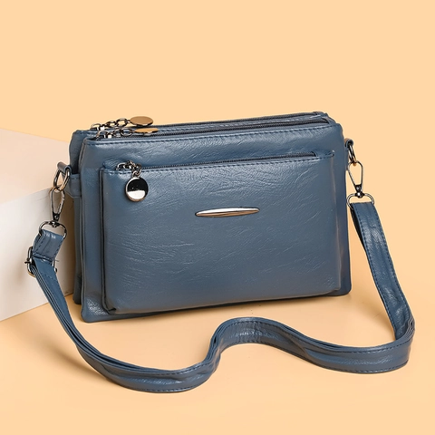 Women Crossbody Bag PU Leather Multi Layer Zipper Pockets Water Resistant Adjustable Shoulder Strap Wristlet Handbag Simple Fashion
