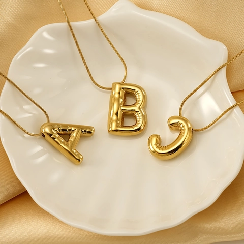 Puffy Alphabet Initial Necklace Stainless Steel Balloon Letter Pendant Snake Bone Chain Gold Plated Fashion Jewelry For Women
