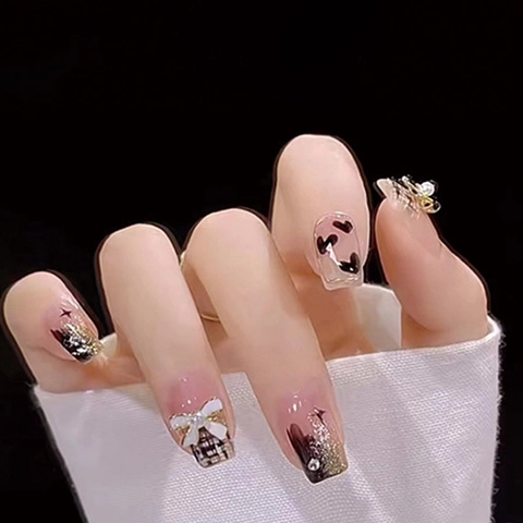French Style Press On Nails With 3D Bowknot Heart Pattern Plaid Design Glitter Gradient Square Shape Elegant Artificial Fingernails