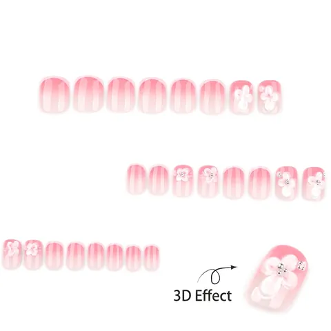 Pink Verlauf Press On Nägel 3D Weiße Blumen Silberne Perlen Kurz Quadratisch Französischer Stil Rouge Künstliche Nägel