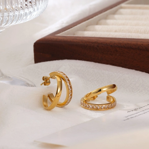 Orecchini A Doppio Cerchio Acciaio Al Titanio Forma C Zirconia Minimalista Elegante Borchie Incrociate Per Donna Placcato Sottovuoto
