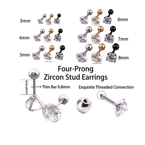 Pendientes De Acero Inoxidable Con Circonita Cúbica Engaste De Garras Cierre De Rosca Joyería Piercing Unisex
