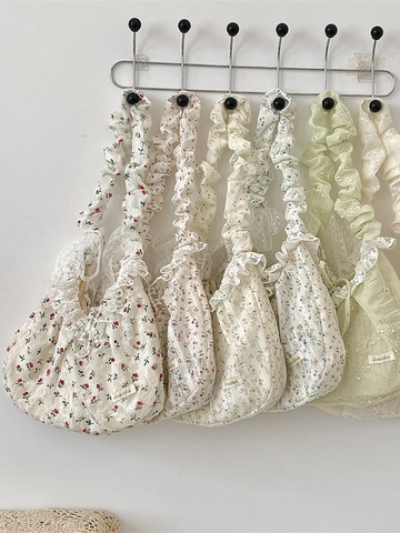 Floral Print Lace Shoulder Bag Polyester Ruffle Pleated Strap French Vintage Sweet Bow Underarm Tote Women