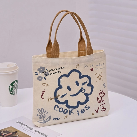 Women Minimalist Canvas Tote Bag Small Handbag Cartoon Bear Autumn Printed Daily Commute Canvas Bag