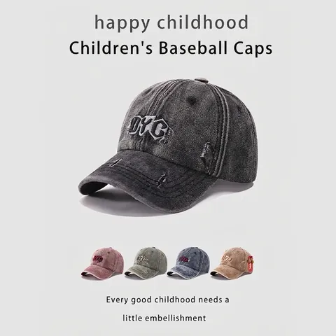 Casquette de Baseball en Coton Lavé pour Enfants Déchiré Broderie Lettre Protection Solaire Retro Streetwear Réglable Denim Chapeau