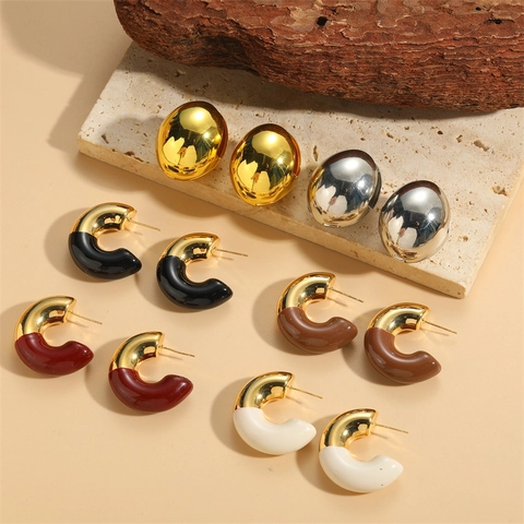Orecchini A Cerchio Geometrici A Forma Di C Con Perno In Argento Sterling 925 Placcati Oro Lucido Smalto Gioielli Per Donne