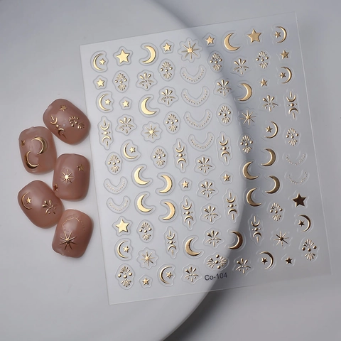 Nail Art Stickers Star Moon Gold Bronzing Metallic Adhesive 5D Relief Celestial Design Waterproof Aesthetic For Women