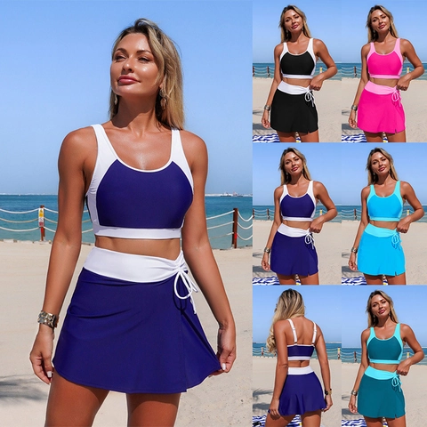 Women Tankini Swimsuit With Sporty Vest Top And Drawstring Skirted Bottom Quick Dry Nylon Spandex Bathing Suit For Beach