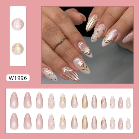 Press On Nails Cat Eye Pink Almond False Nail Tips Gold Flower Pattern Detachable Manicure Decoration Women