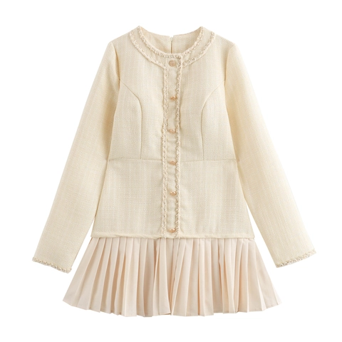 Tweed Pleated Patchwork Mini Dress Long Sleeve Round Neck Elegant Office Party Chic Dress For Women With Buttons