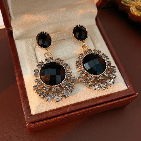Orecchini A Fiore Vintage Con Gemma Nera Sfaccettata Strass Lega E Perni In Argento Donna Elegante Retrò Lusso