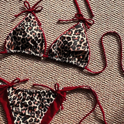 Halter Neck Leopard Print Bikini Sexy Women Two Part Swimwear Side Tie Beach Bathing Suit Animal Pattern Patchwork