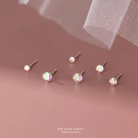 Rainbow Zircon Stud Earrings With 925 Sterling Silver Earring Post S999 Fine Silver Minimalist Small Jewelry For Women