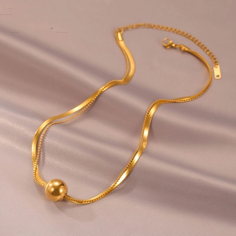 Collar De Doble Capa Con Colgante De Bola Para Mujer Acero Inoxidable Pulido Cadena De Espiga Y Bolitas Joyería Minimalista