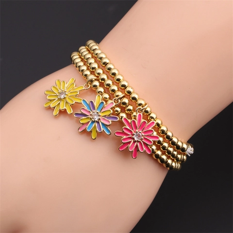 Bracciale Con Perline Margherita Di Moda Donna Rame Placcato Oro Pendente Fiore Smalto Zircone Gioielli Boho Elastico