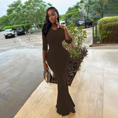 Solid Color Long Sleeve Round Neck Bodycon Maxi Dress Elastic High Waist Sexy Fishtail Hem Floor Length Streetwear Elegant