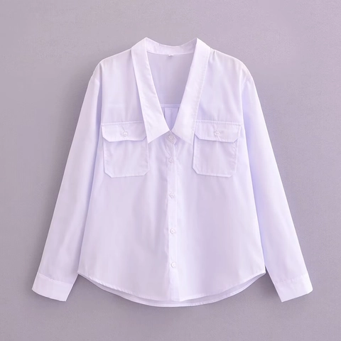 Women Long Sleeve Blouse V Neck Solid Color Button Down Shirt With Pockets Elegant Loose Fit Office Lady Tops