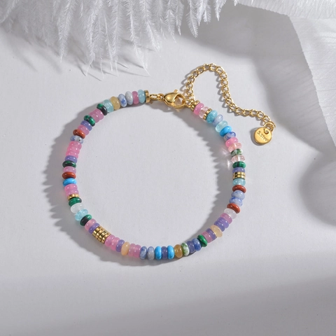 Bohemian Beaded Bracelet Stainless Steel Macaron Colorful Stone Beads Adjustable Jewelry For Women Vintage Style